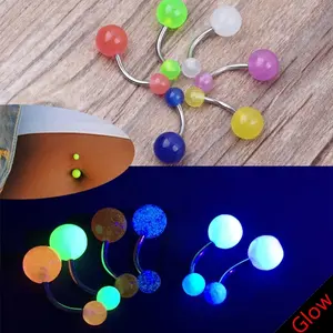 Glow-in-the-Dark Belly Button Ring Set, 5-Piece Assorted Curved Barbells with Luminous Balls, Multi-Color Piercing Jewelry for Night Events & Festivals