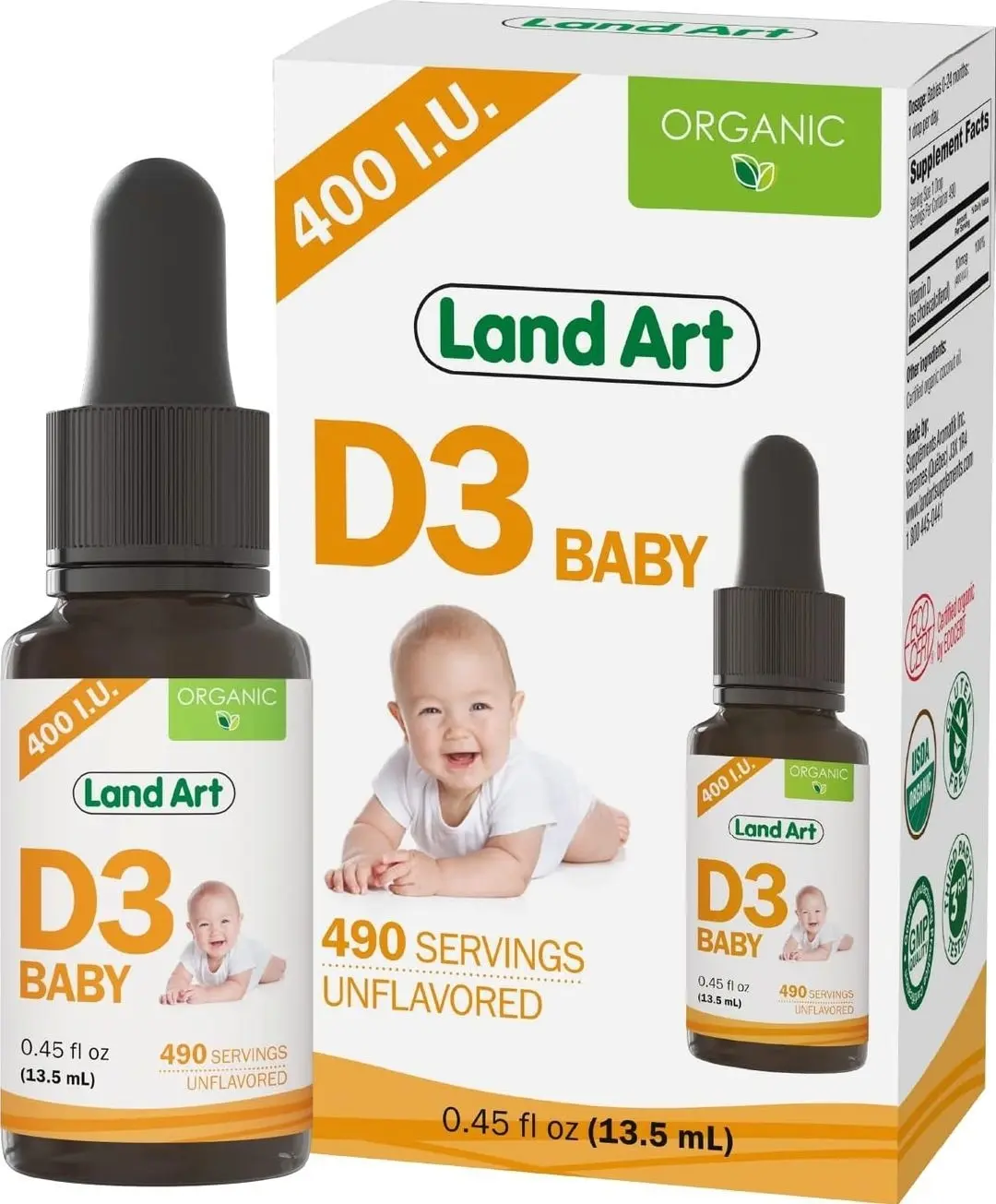 Land Art - Certified Organic Vitamin D3 Drops Baby – 400 IU per Drop – 490 Servings – Supports Bone & Teeth Development – Vitamin D Drops for Infants & Toddlers – GMO-Free - Gluten-Free – 0.45 fl oz
