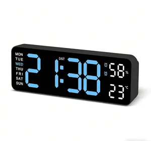 Digital Wall Clock Large Display, 9" LED Wall Clocks for Living Room Decor, Digital Clock with Temperature/DST/Auto-Dimming/Humidity/Snooze - 12/24H, Silent Digital Clocks for Seniors Kids Blue