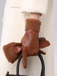 Women's Outdoor Cycling PU Leather Gloves, Riding Gloves, Fleece Lined Warm Waterproof Touchscreen Compatible, Thick Insulated Winter Mitts