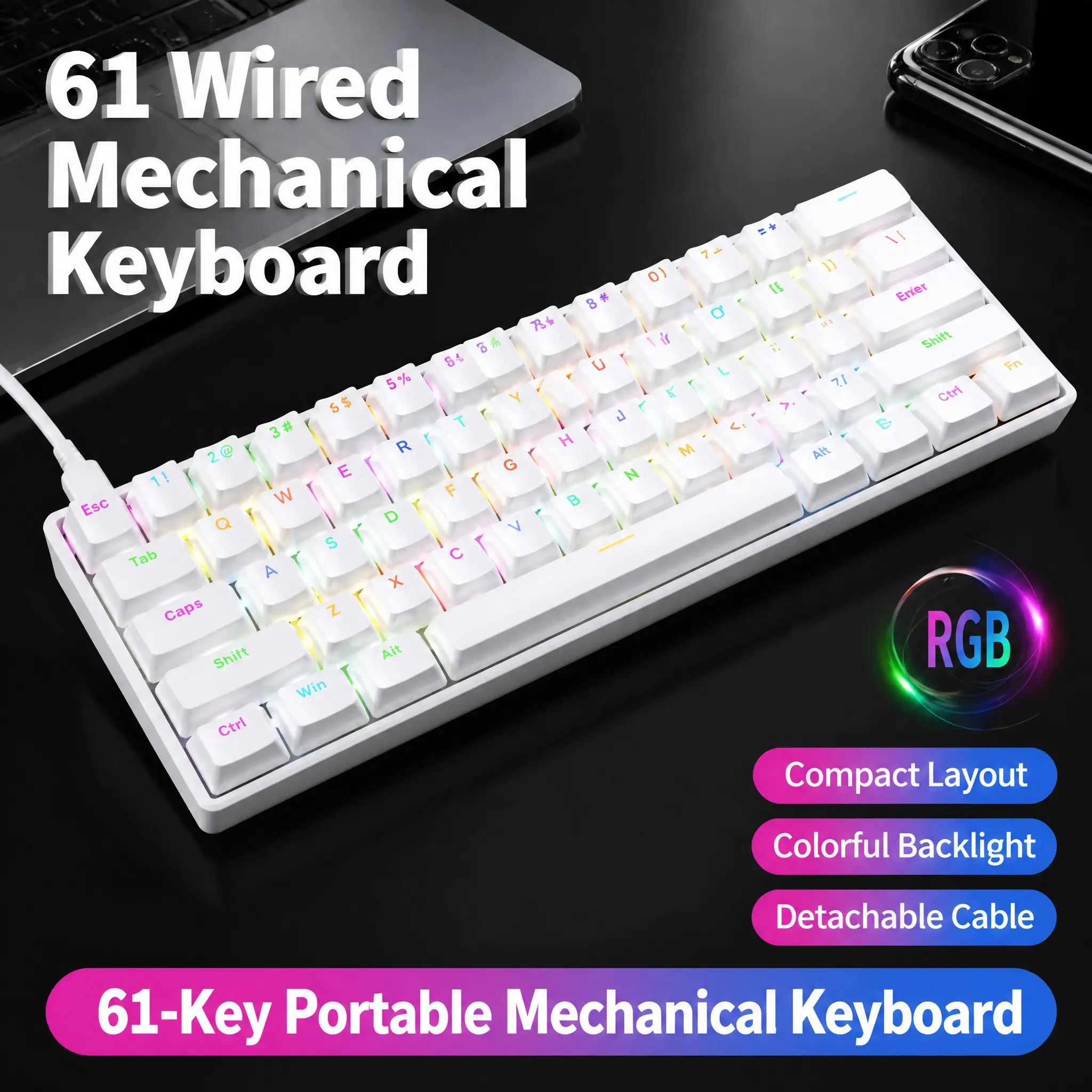 Ultra Compact 61-Key Hot-Swappable Red Switch Gaming Keyboard with 17 Modes RGB Backlighting, Removable USB-C Cable, Ergonomic Design for PC/Mac Gaming & Office Use