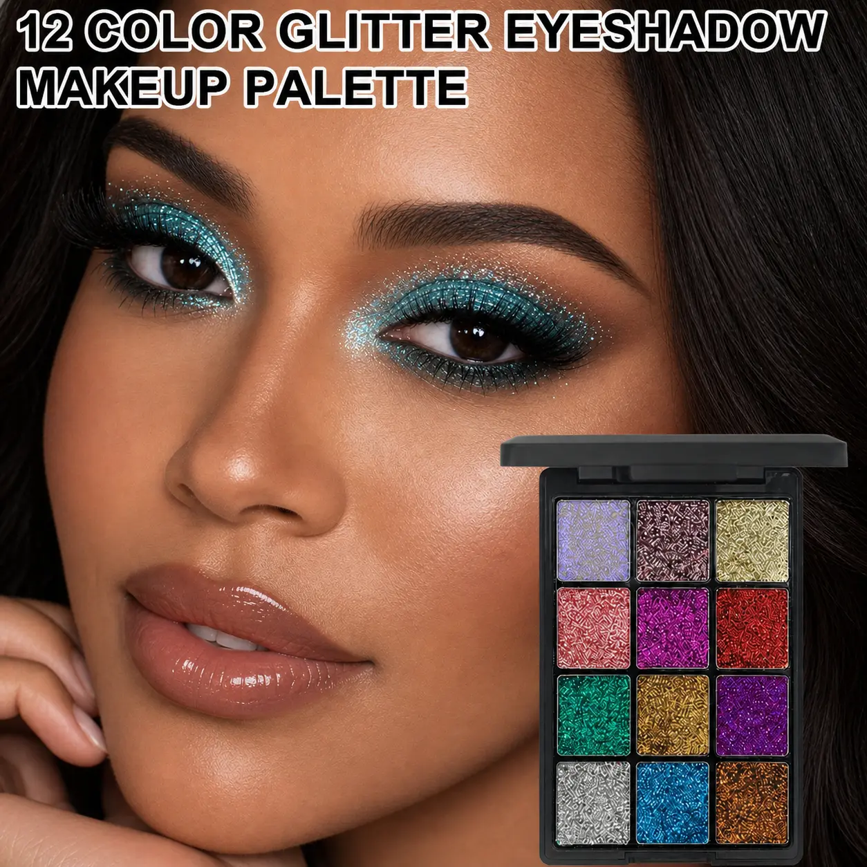 12-Color Glitter Eyeshadow Palette, Highly Pigmented Pressed Glitter, Long-Lasting, Waterproof, and Lightweight Compact Makeup for Eyes, Face & Body, Radiant, Makeup Products