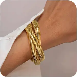 Chunky Gold Plated Bangle Bracelets for Women - Set of 3 Stretch Stack Bangles, Stainless Steel Flexible Cuff Set