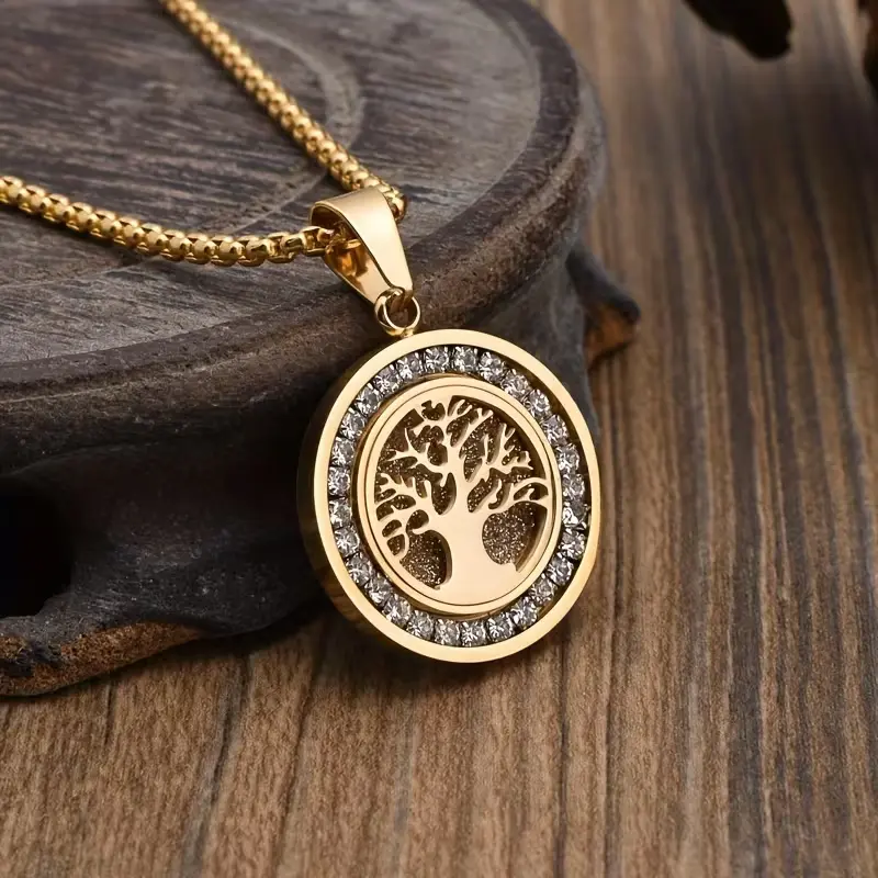 Vintage Sacred Tree of Life Pendant Necklace Stainless Steel with Zirconia Inlay Men's Jewelry for Daily Wear Prayer and Gifting