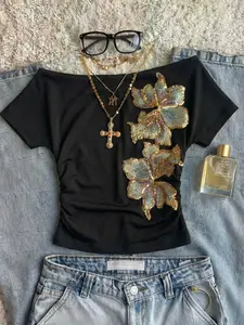 2026 Summer New One-Shoulder Sleeveless T-Shirt, Sexy Slim Fit Short Top, Glitter Flower Design, Bodysuit, Casual Party Streetwear