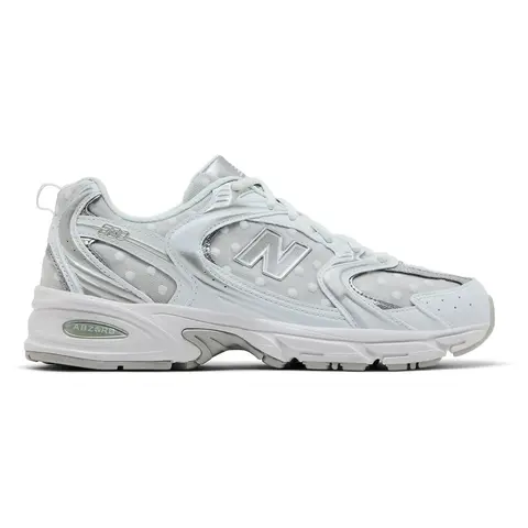 New Balance 530 White Silver Metallic Polka Dots Women's Sneakers, Authentic, Athletic, Lace-up, Mesh Upper, Comfortable Everyday Footwear, Fashion Lifestyle Trainers, Casual Walking Shoes