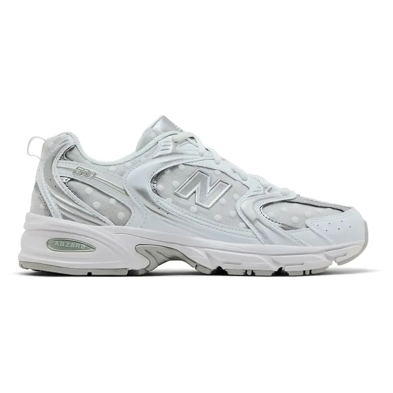 New Balance 530 White Silver Metallic Polka Dots Women's Sneakers, Authentic, Athletic, Lace-up, Mesh Upper, Comfortable Everyday Footwear, Fashion Lifestyle Trainers, Casual Walking Shoes