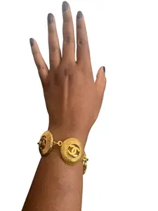 Pre-owned CHANEL Metal Bracelet Gold Plated Logo Round CC Logo Charms W\Box #1472