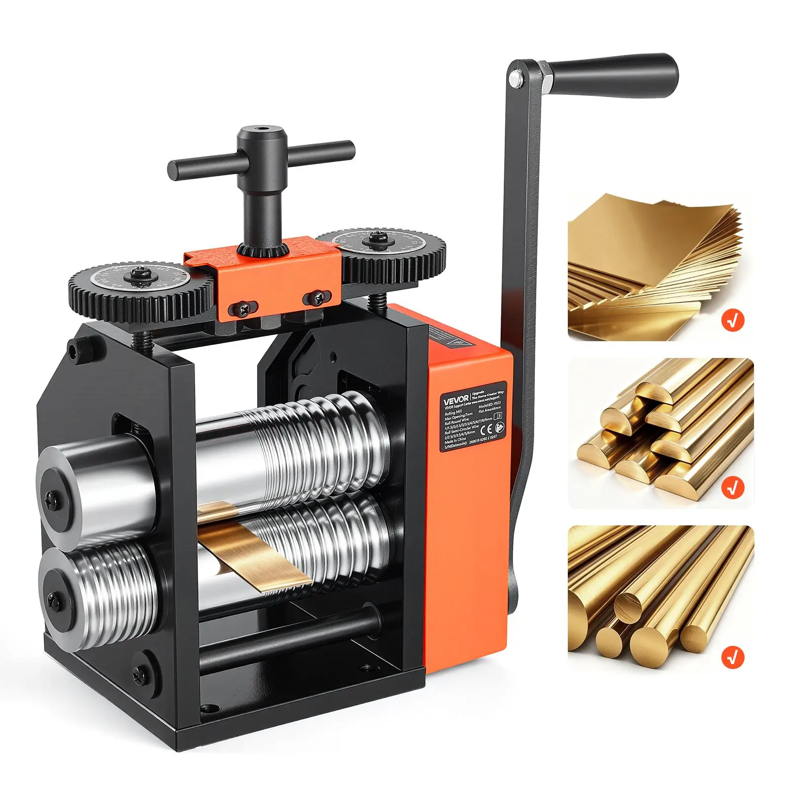 VEVOR Manual 3-in-1 Jewelry Craft Roller Mill, Metal Blank Making Tool with Round, Flat, Half-Round Rollers, 0.03-7 mm Adjustable Thickness, Stable Rolling for Ductile Metals, for Gold & Silver Beading & Jewelry Making