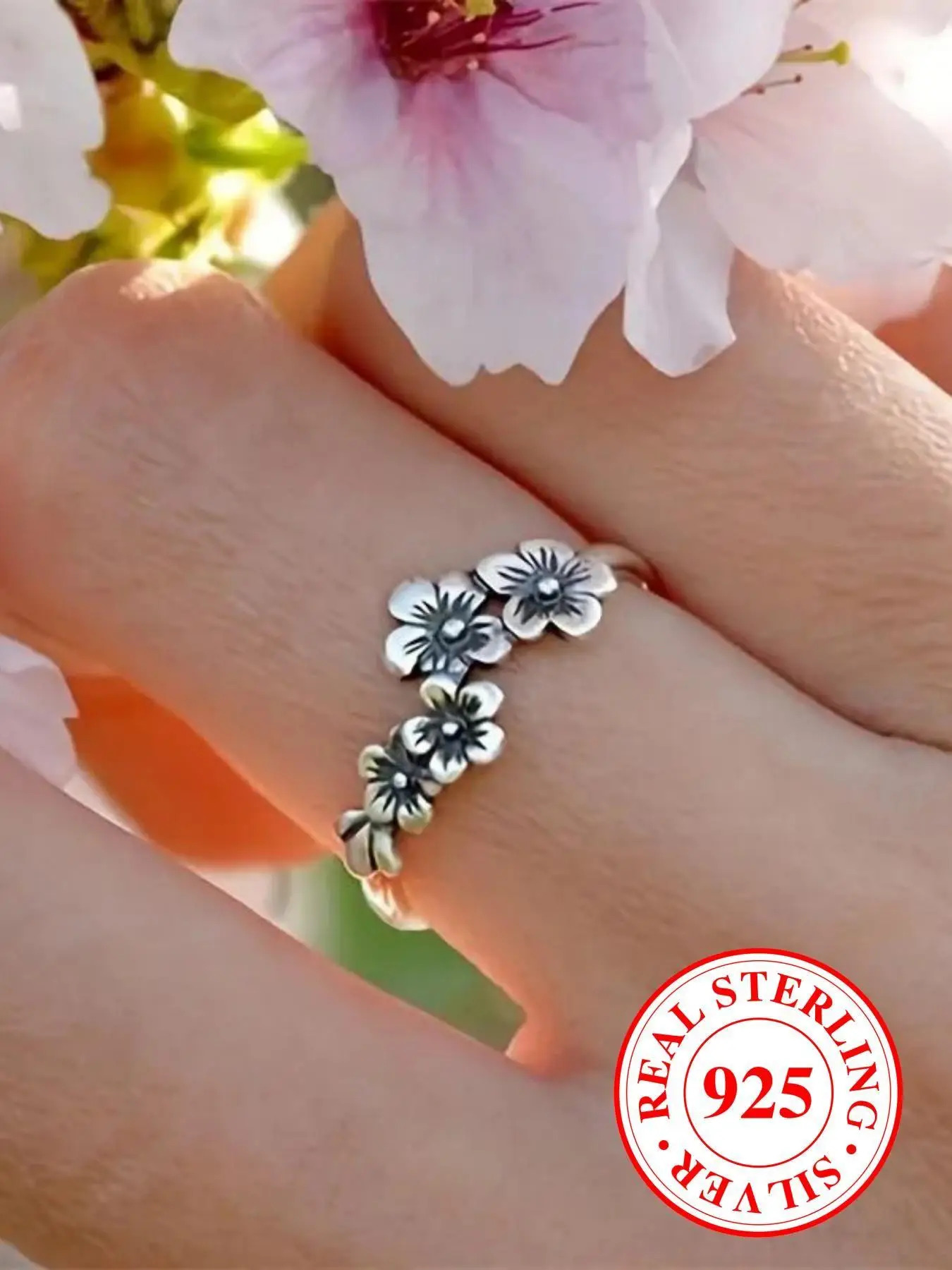 S925 Sterling Silver Vintage Style Flower Design Ring, Fashionable Silver Ring for Women for Party, Daily Clothing Decor, Trendy All-match & Exquisite