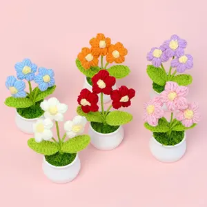 Crochet Flower Pot Small Potted Flowers for Mother's Day & Valentine's Day Gift for Mom Wife Female Office Car Dashboard Cute Desk Ornaments Decorative Items in Blue Orange Red Purple Pink