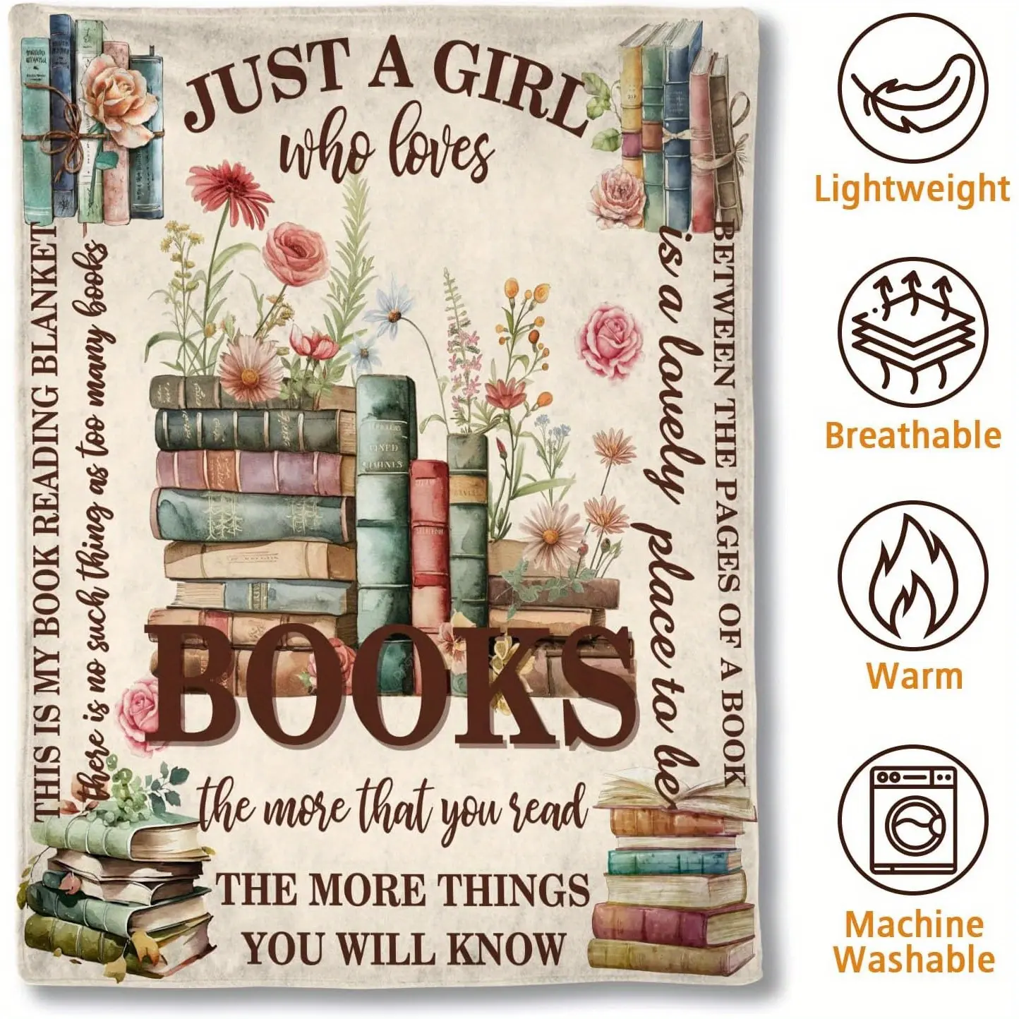 Just a Who Loves Books Flannel Blanket 50x60 Inches Digital Print with Books & Flowers Machine Washable All-Season Comfort Reading Nook Decor Cozy 280GSM Polyester love blanket cozy comfort