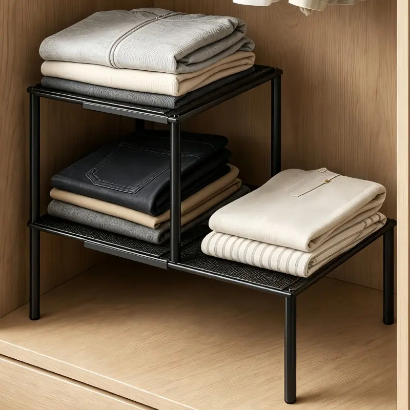 GoldSnake Expandable Closet Shelf Organizer, Stackable Metal Wardrobe Storage Rack, Adjustable Closet Shelf Divider for Folded Clothes, Space‑Saver Cabinet Shelf for Bedroom Closet, Dormitory