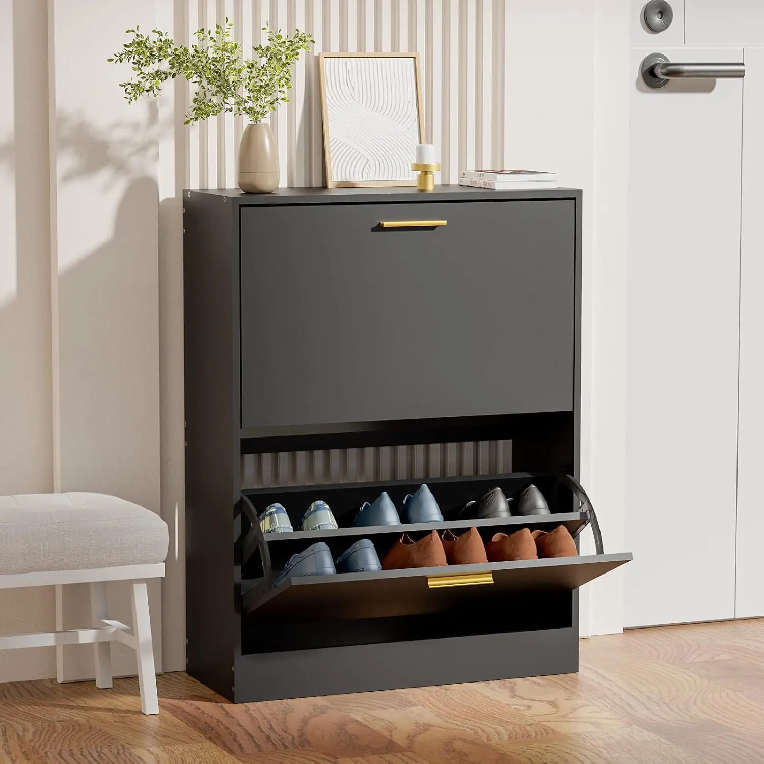 NOVAMAISON Black Entryway Shoe Cabinet with 2 Flip Drawers, Modern Wooden Freestanding Narrow Shoe Rack with Door, Space-Saving Shoe Storage Organizer