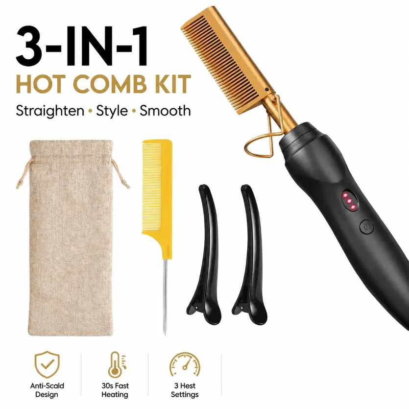 Electric Hot Comb for Flawless, Silky Straight Hair - Fast-Heating Hair Tools with 3 Heat Settings, 5-Piece Kit for Natural Textures & Wigs, Curly Hair
