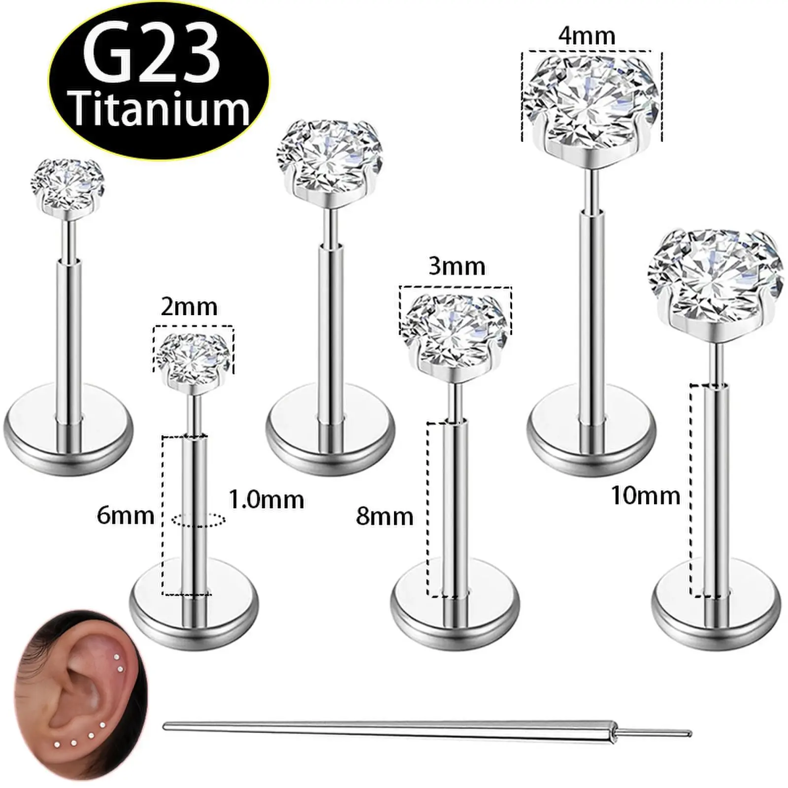 20G Flat Back Earrings Stud G23 Titanium Threadless Tragus Labret Cartilage Lip Medusa Conch Body Piercing Jewelry Hypoallergenic for Women Men