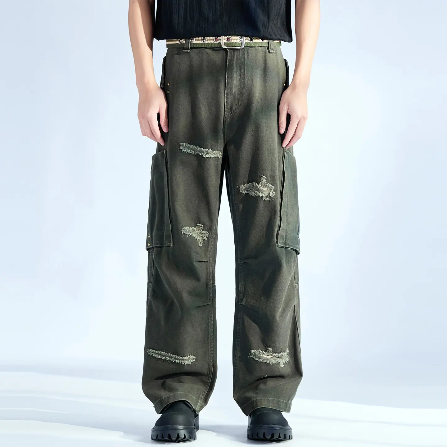 [KU2510]Men's Army Green Ripped Distressed Cargo Jeans, Vintage Washed Multi-Pocket Wide Leg Denim Jeans