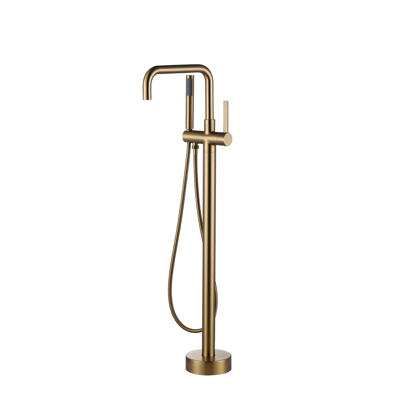 WOWOW Brushed Gold Metal Freestanding Waterfall Bathroom Faucet - Floor-Mount, Smooth Single-Handle, Curved Spout, 2-Mode Handheld Shower, Ergonomically Designed Modern Classic for Bathing, Includes Instruction Manual