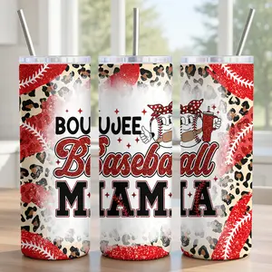 Boujee Baseball Mama Tumbler 20oz - 18/8 Stainless Steel Insulated Cup with Sliding Lid, Metal Straw & Brush - Red Digital Glitter Texture Print, Leopard & Star Gameday Design - Smooth Finish - Ships in 2 Days