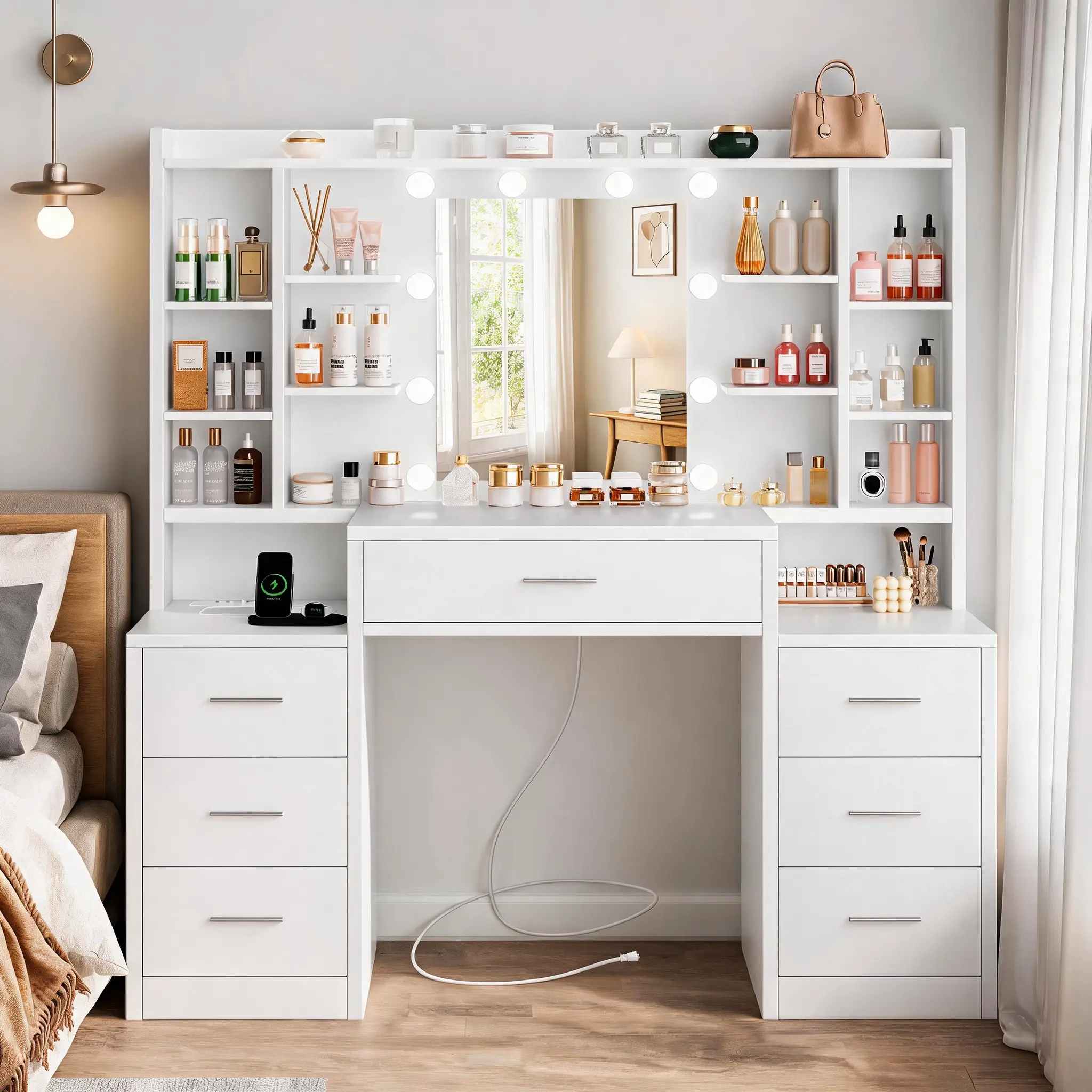 White Large Drawer Vanity Table - Modern Rectangular Indoor Furniture Desk with 7 Drawers, 6 Storage Shelves, LED Lights, Power Outlet, 3 Lighting Modes, Ideal for Bedroom Prep, With Drawers