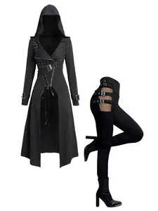 DRESSLILY 2025 Gothic Matching Set Women Outfit Lace Up Zip Hooded Coat and Hollow Out Gothic Skinny Pants Halloween Outfits summerwins