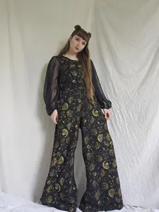Boho Wide Leg Jumpsuit, Cotton Flowy Dungarees, Bohemian Overalls, Mushroom/Celestial, Hippie Bell Bottom Summer Rompers, Retro Free Spirit, Hippie Flare Pant Suit, Whimsical Fashion, 90s Style, Bib Jumpsuit, Sustainable Fashion