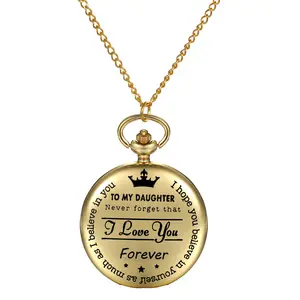 Vintage Women Pocket Watch : Gold Tone TO MY DAUGTHER Analog Quartz Pendant Necklace Watch With Chain