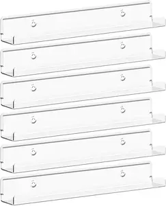 Narrow Floating Shelves for Vinyl Record 6 Pack, 12" Clear Wall Shelves for Nail Polish/Book/Picture/Makeup, Acrylic Wall Display Shelf Organizer for Bedroom, Living Room, Bathroom Decor