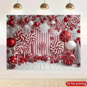 2D Flat, 1pc Christmas Banner - Durable Polyester 2D Flat with Candy Cane & Bell Ball Design, Red & White Snowflake Patterns, Ideal for Holiday Party & Home Wall Decor, Christmas Decorations