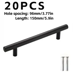 20-Pack Polished Matte Black Stainless Steel Cabinet Handles - 15cm Length Drawer Pulls, 9.6cm Center-to-Center Hole Spacing, Incluing Hardware, Perfect for Kitchen and Home Drawers