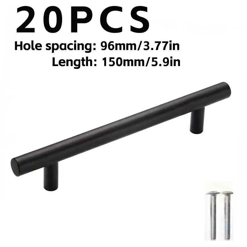 20-Pack Polished Matte Black Stainless Steel Cabinet Handles - 15cm Length Drawer Pulls, 9.6cm Center-to-Center Hole Spacing, Incluing Hardware, Perfect for Kitchen and Home Drawers, Heavy Duty Handle