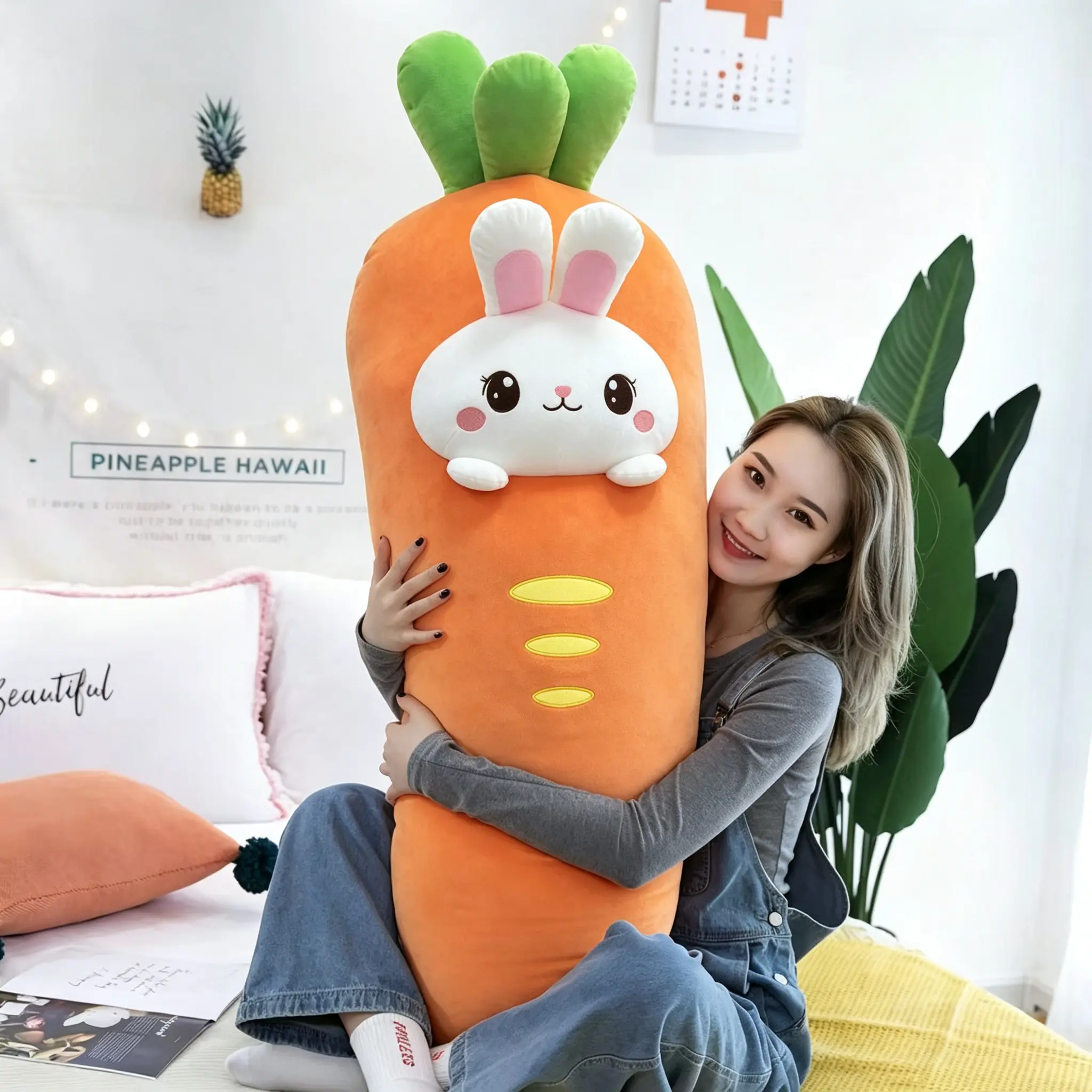 Ultra-soft, cute rabbit fruit long pillow—soothing plush toy with a healing vibe; transforms into a carrot or cactus; bedroom backrest cushion, sofa decor, gift
