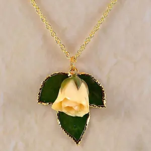 Real Forever Rose Bud w/leaves Necklace