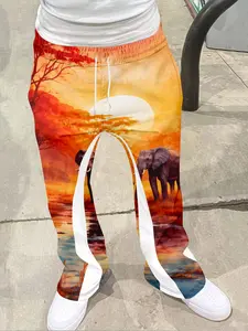 African Safari Elephant Sunset Print Flared Pants - Wilderness Art Casual Trousers