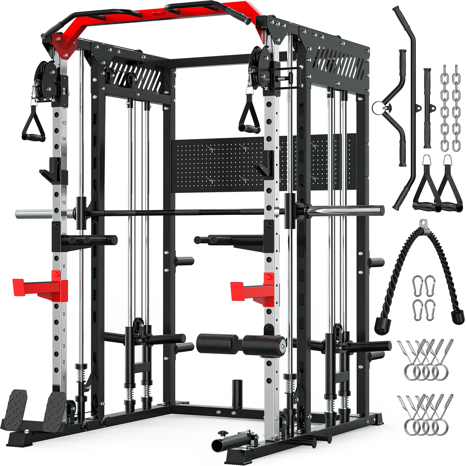 Bearbro Multi-Function Smith Machine Home Gym, Heavy Duty 2300LBS Power Rack with Squat Rack, Dual Pulley Cable Crossover System, Weight Bar & 360° Landmine，All-in-One Home Gym System
