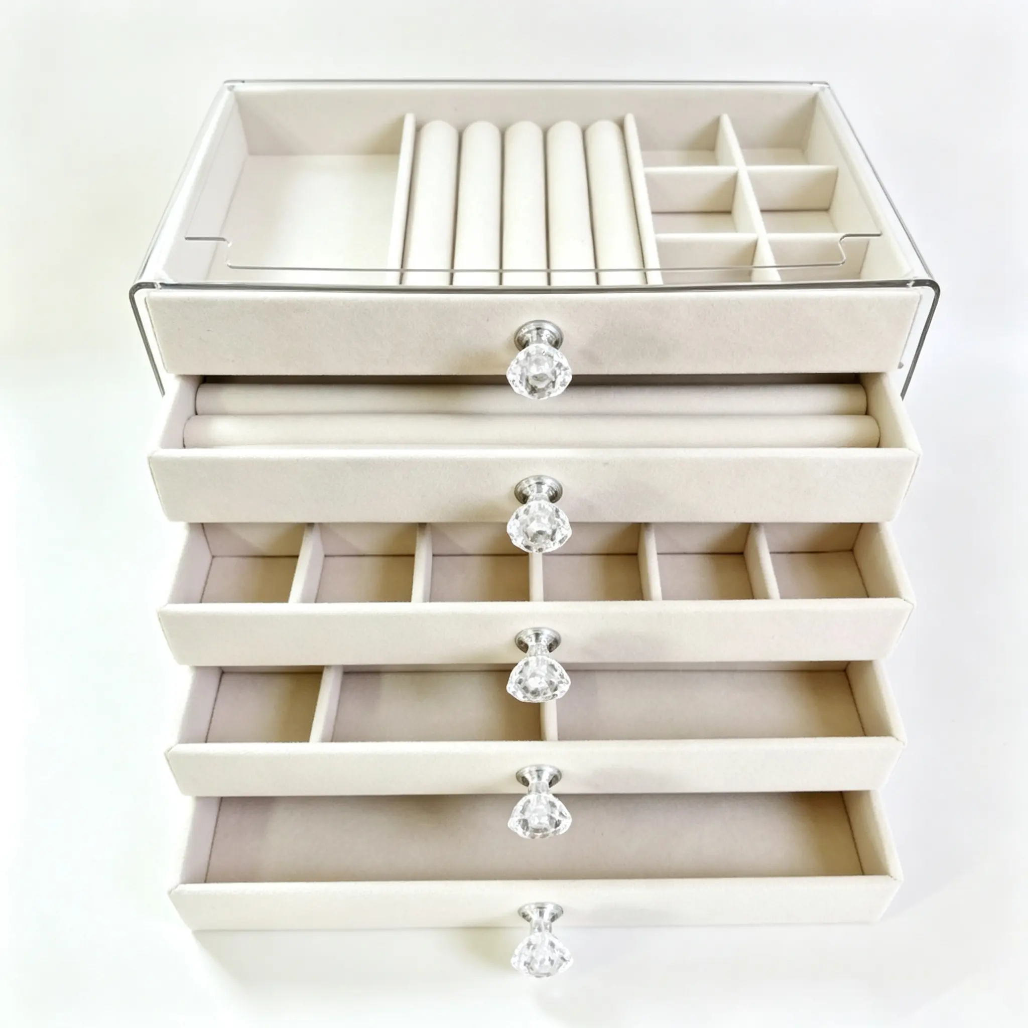 Luxurious 5-Layer Flannel Jewelry Box with Crystal Knob, Velvet Liner & Stackable Drawers, Dresser Vanity Decor Home Organizer for Earrings & Small Accessories