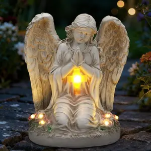 Solar Angel Garden Statue Outdoor Decor with LED Lighting Multicolor Resin Cherub for Grave Praying Cemetery Decorations Easy Care Baroque Rococo Style