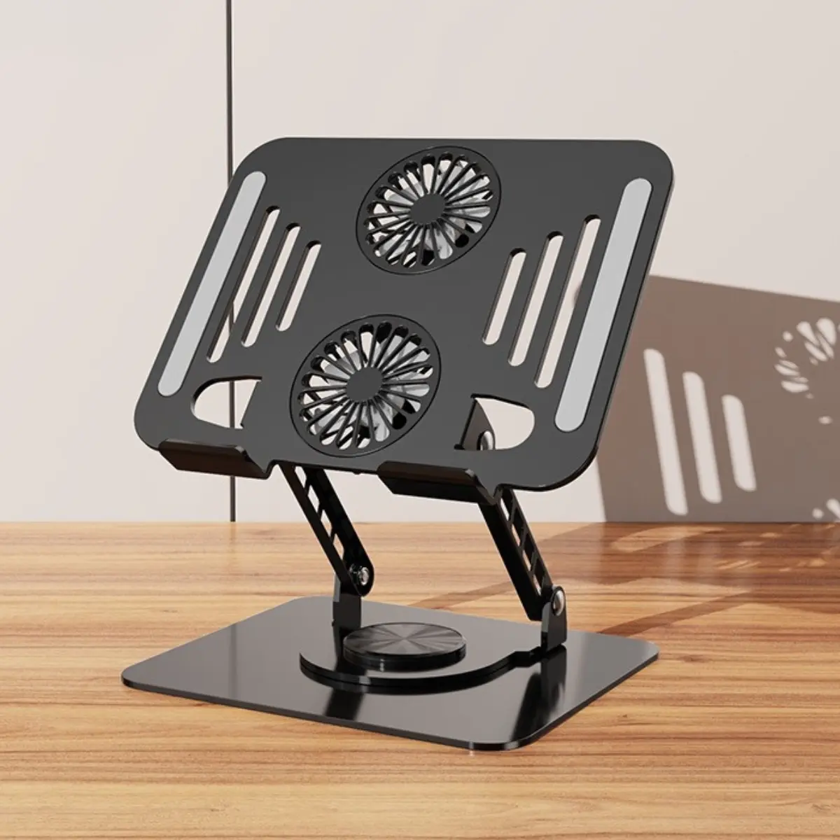 Carbon Steel 360° Rotating Tablet & Laptop Stand with Dual Fan USB-Powered Cooling Pad, Adjustable Height, Ergonomic Desk Office Accessories, Durable Metal Build for iPad & Tablets