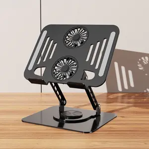 360° Rotating Carbon Steel Tablet Stand with Dual Fan & Cooling Pad, USB-Powered Adjustable Height, Ergonomic Design for Office & Home Use, Durable Metal Construction, Suitable for iPad, Tablet and Laptops