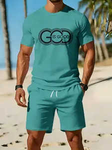 Men's 3D digital printed two-piece set with lake green letter slogans, 2Pcs, trendy fashion suit, trendy retro casual two-piece outfit, vacation-style trendy wear, breathable sports casual style, an ideal festival gift for men
