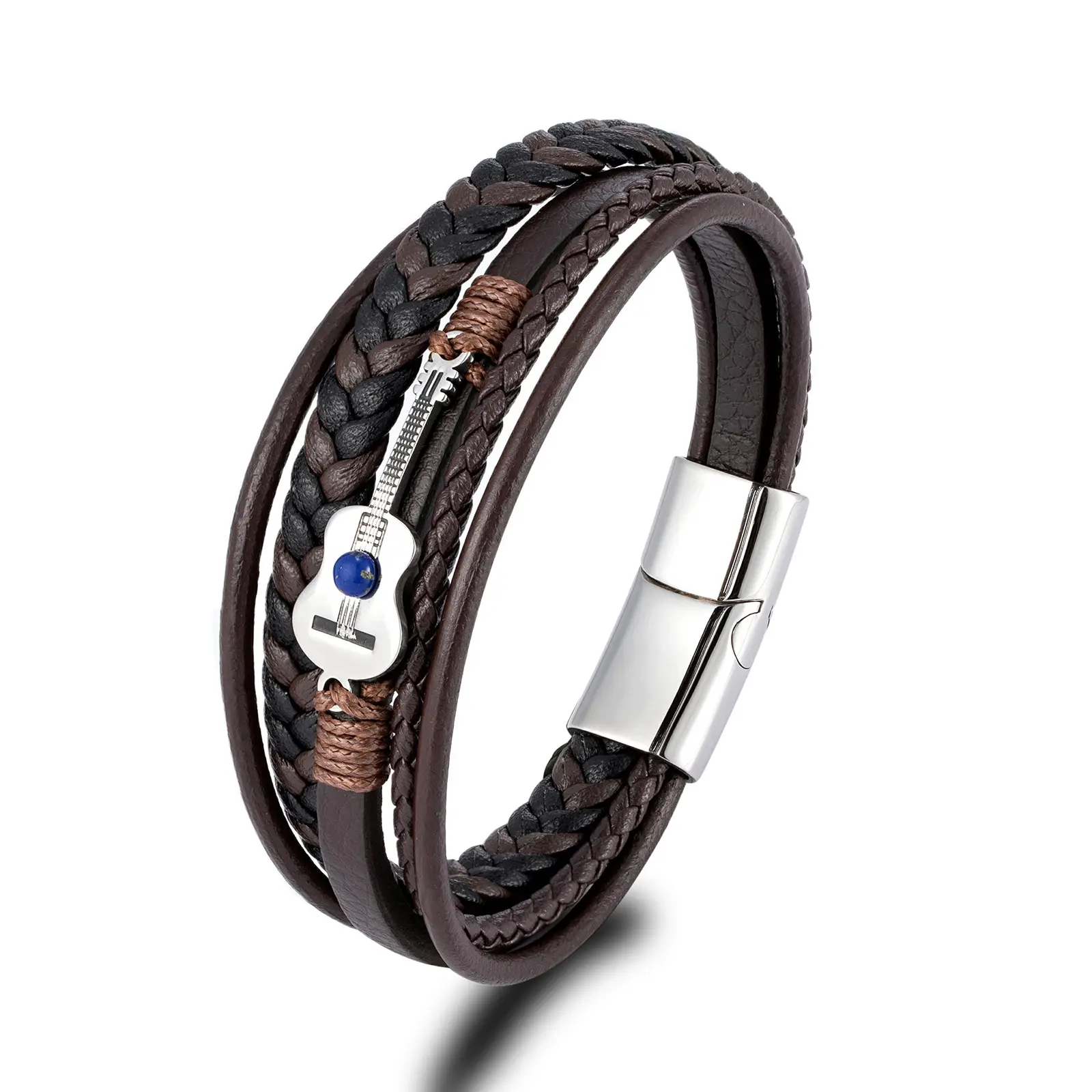 Men's Quality Real Leather Multilayer Braided Guitar Bracelet - Rock-Inspired Music Theme Wristband with Stainless Steel Magnetic Close Clasp, Daily Fashion Jewelry Gift