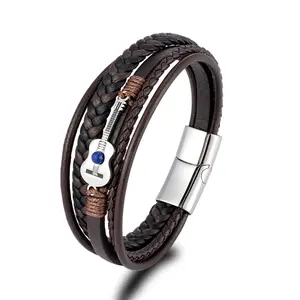 Guitar Bracelet for Men,8.46in Braided Leather Bracelet with Guitar Charm, Multi-Layer Music Jewelry Gift