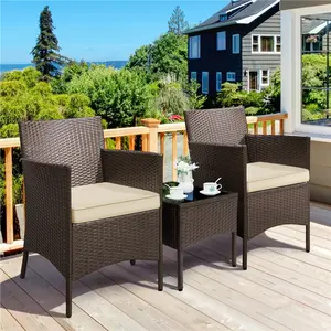 【On Sale】 Yaheetech 3-Piece Patio Furniture Set, Outdoor Rattan Conversation Furniture Set, 2 Chairs with Cushions & 1 Side Table for Bistro/Porch/Garden/Deck/Courtyard