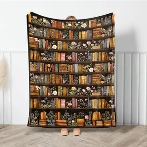 Vintage Bookshelf Library Throw Blanket Cottagecore Floral Bookish Gift For Book Lover All-Season Home Bedroom Bed Sofa Picnic Cover Perfect Christmas Present