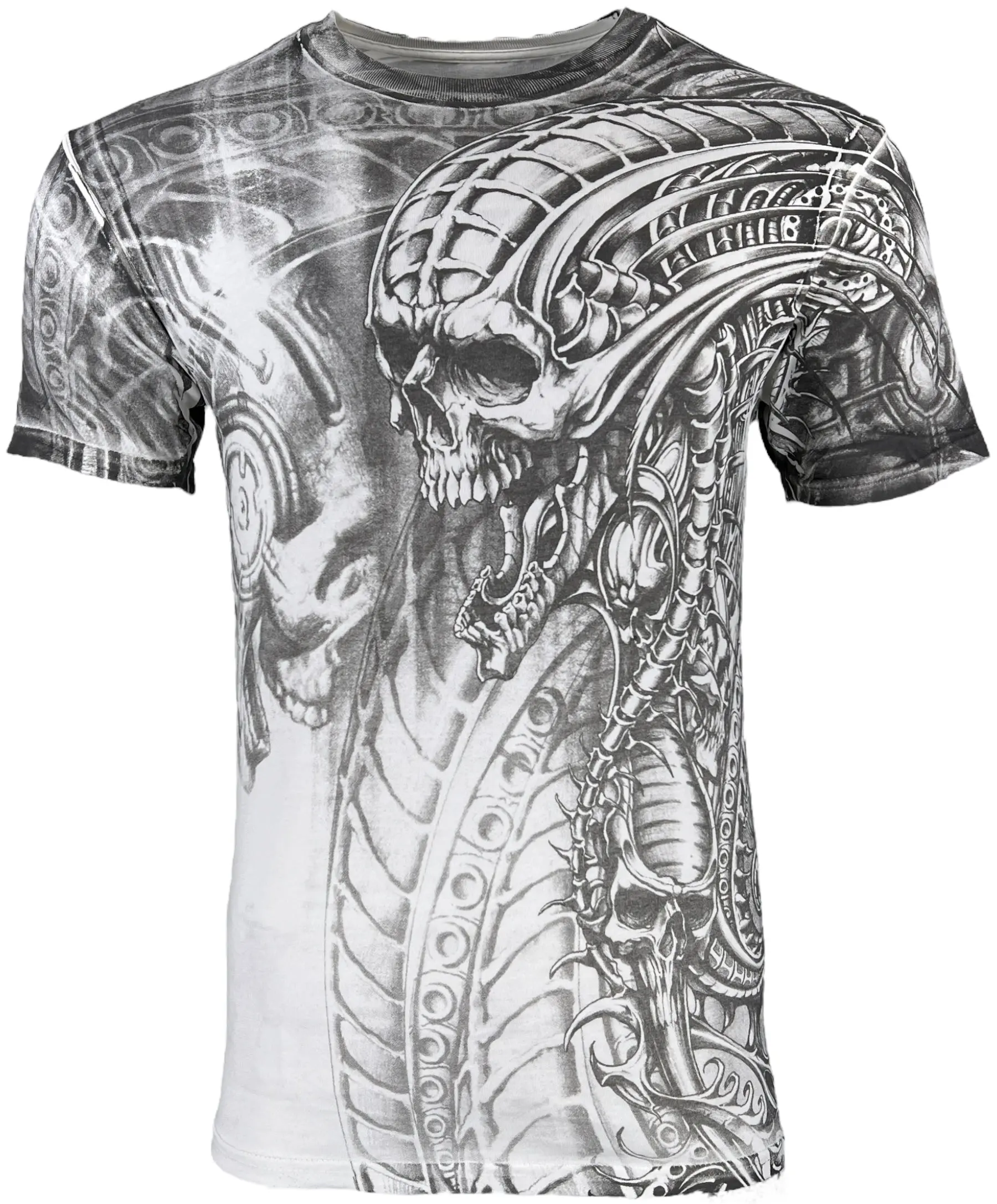 Xtreme Couture By Affliction Men's Fitted Cotton T-Shirt - Short-Sleeve Crewneck, Proto Metal All Over Print, White, Biker Gothic Streetwear, All Seasons, Normal Type, Pull On, X1938, Menswear Tops