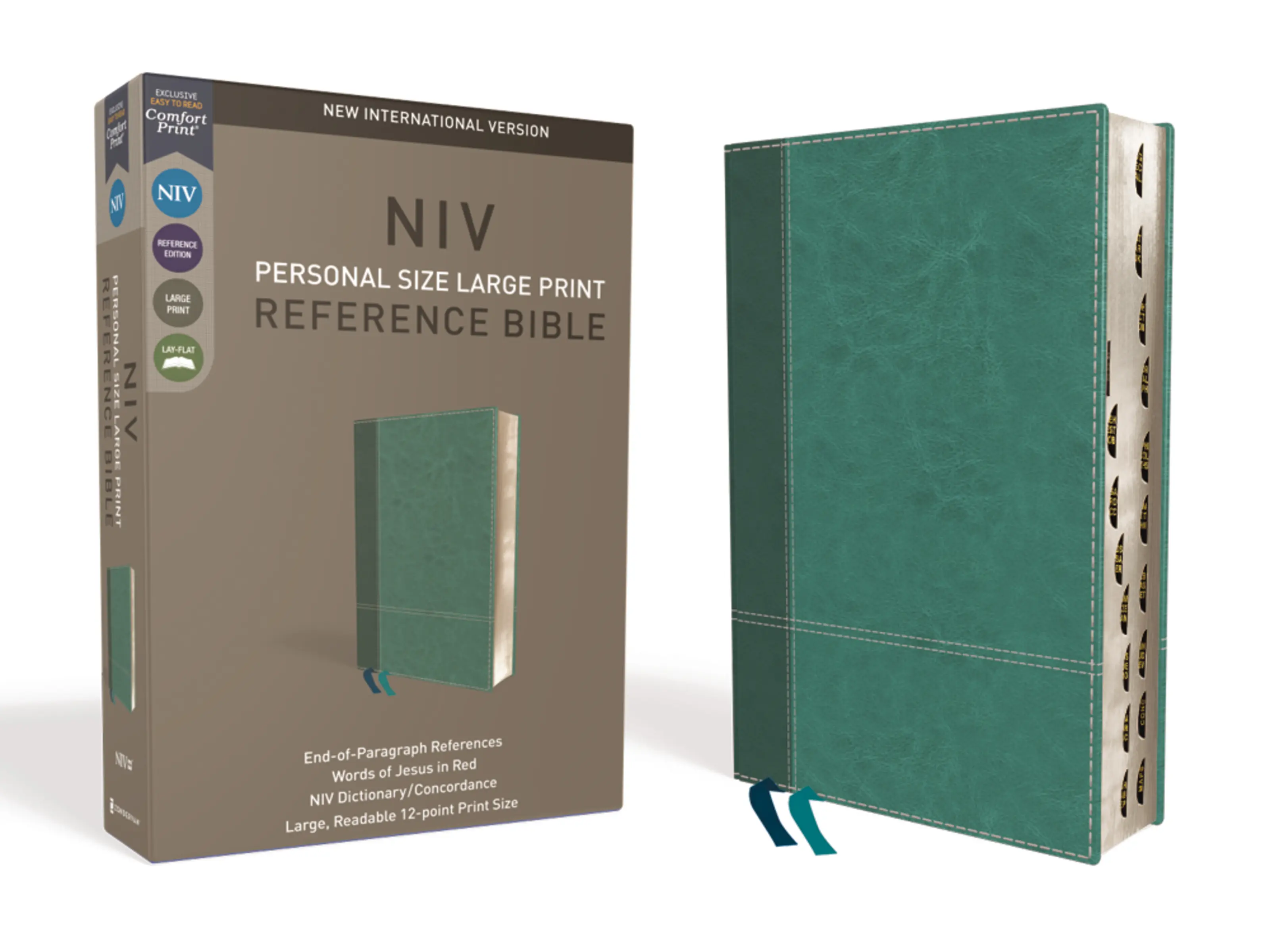 NIV, Personal Size Reference Bible, Large Print, Leathersoft, Teal, Red Letter, Thumb Indexed, Comfort Print by Zondervan [Leatherbound Book]