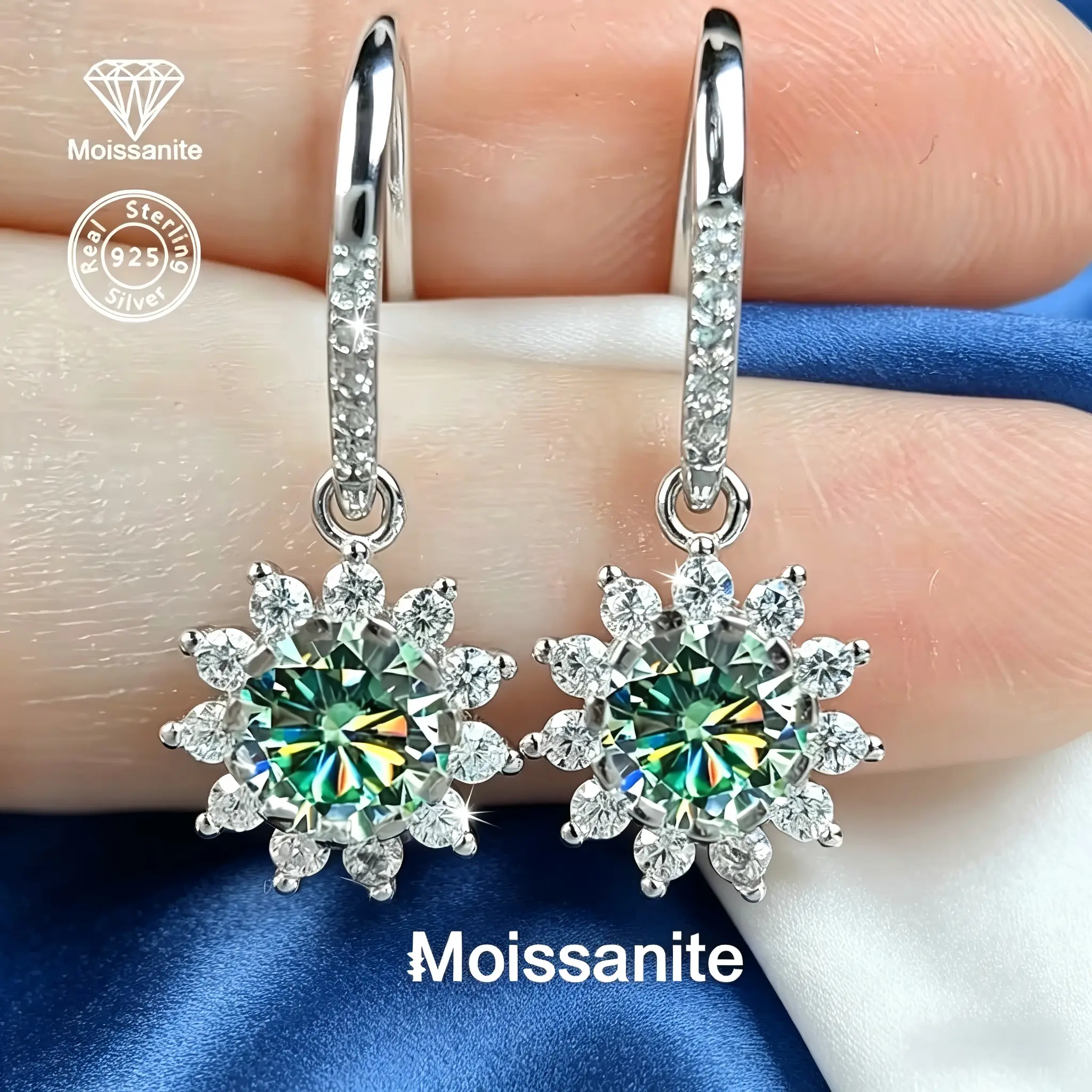 Women’s 925 Sterling Silver 1 Carat Moissanite Sunflower-Snowflake Earrings - Single Pair, Elegant Flowers Design, Unisex Luxury Versatile Jewelry for Everyday Wear, Birthday, Wedding, Daily, Moissanite Jewelry