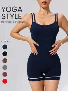 Women's   Open Back Hollow Seamless Workout Onesie, Dual Spaghetti Straps Striped Hem Butt Lift Yoga Short Jumpsuit, 4-Way Stretch Tummy Slimming Compression Activewear for Training & Everyday Streetwear