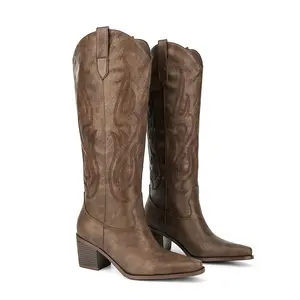 【Rodeo Boots】Pasuvo Vintage Western Embroidered Cowboy Boots – Distressed Brown Leather Mid-Block Heel for Timeless Ranch-Style Fashion | Classic Pointed-Toe Design