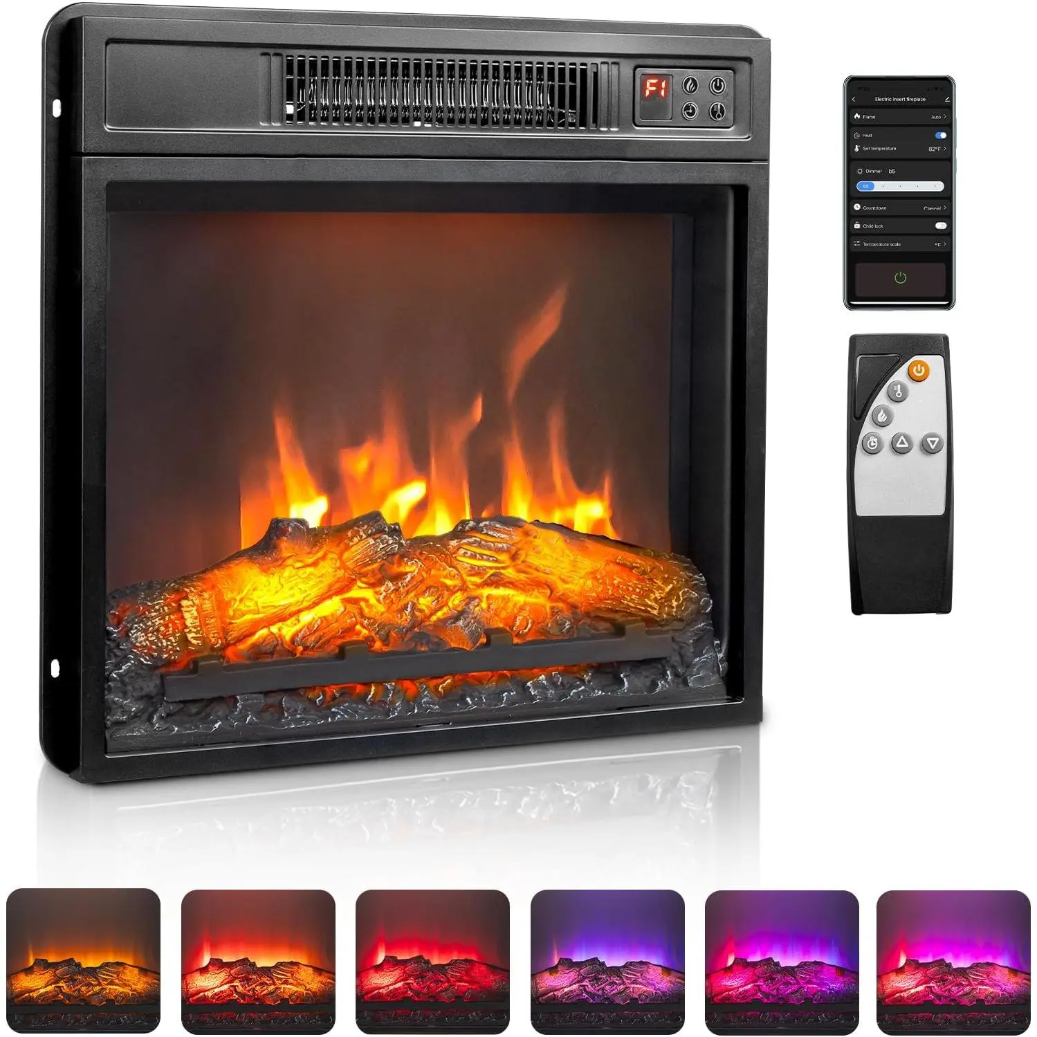 ROVSUN 18/23" Electric Fireplace Inserts with APP & Remote Control, 1400W Recessed Stove Heater with 8H Timer, 6 Flame Colors, 5 Brightness for Indoor Use, ETL